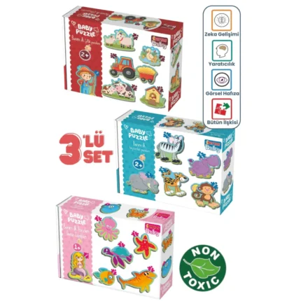 Baby Puzzle 3’lü Set – Çiftlik, Hayvanlar & Deniz Canlıları Temaları